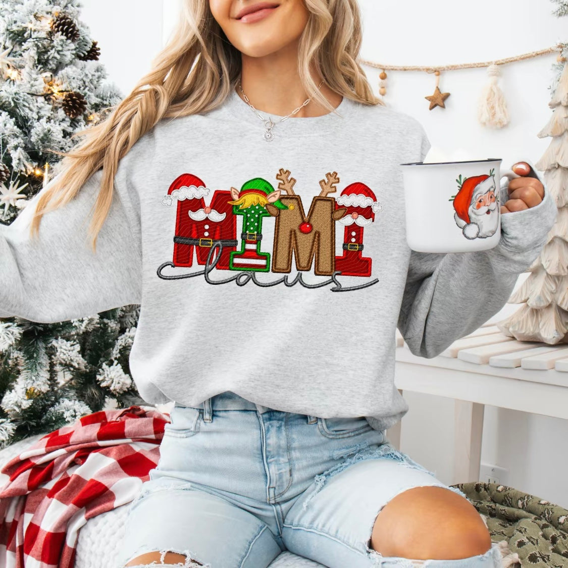 Unisex Size Faux Embroidery Christmas Claus T-Shirt/Sweatshirt/Hoodie