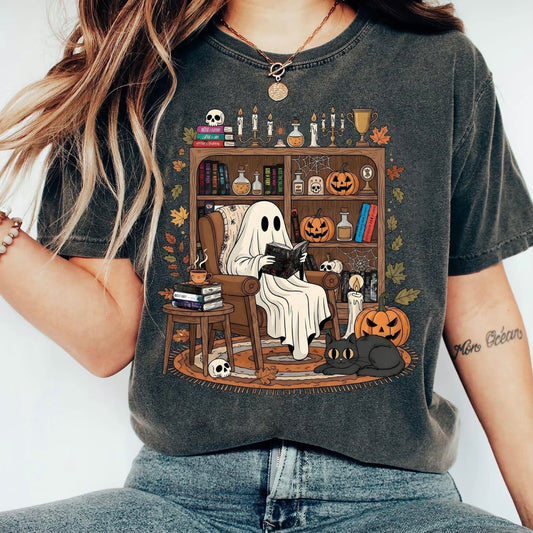 Retro Cozy Ghost Reading Halloween T-Shirt/Sweatshirt/Hoodie