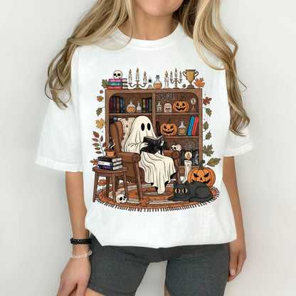 Retro Cozy Ghost Reading Halloween T-Shirt/Sweatshirt/Hoodie