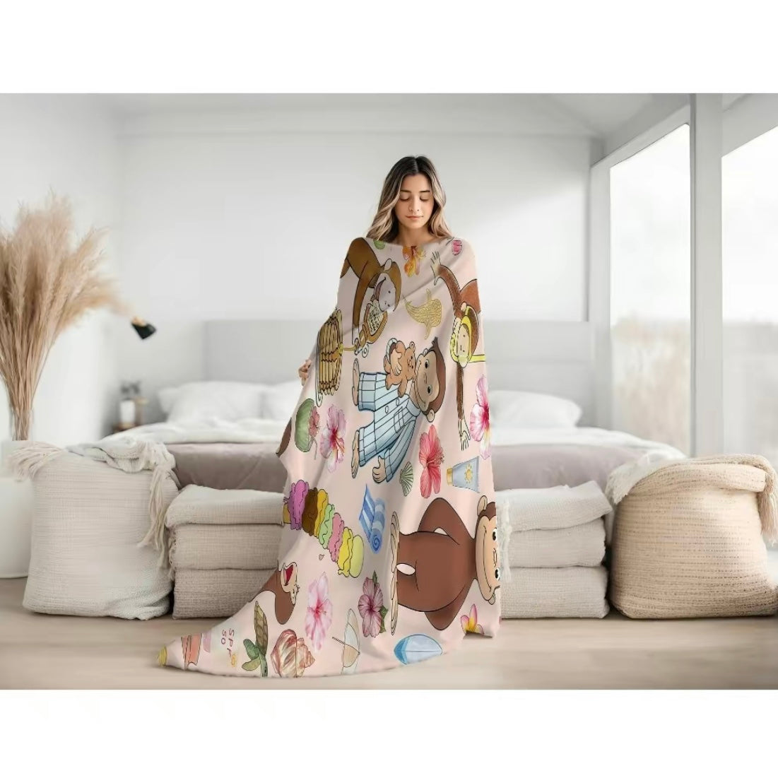 Curious George Printed Scenes Fleece Pattern Flannel Blanket