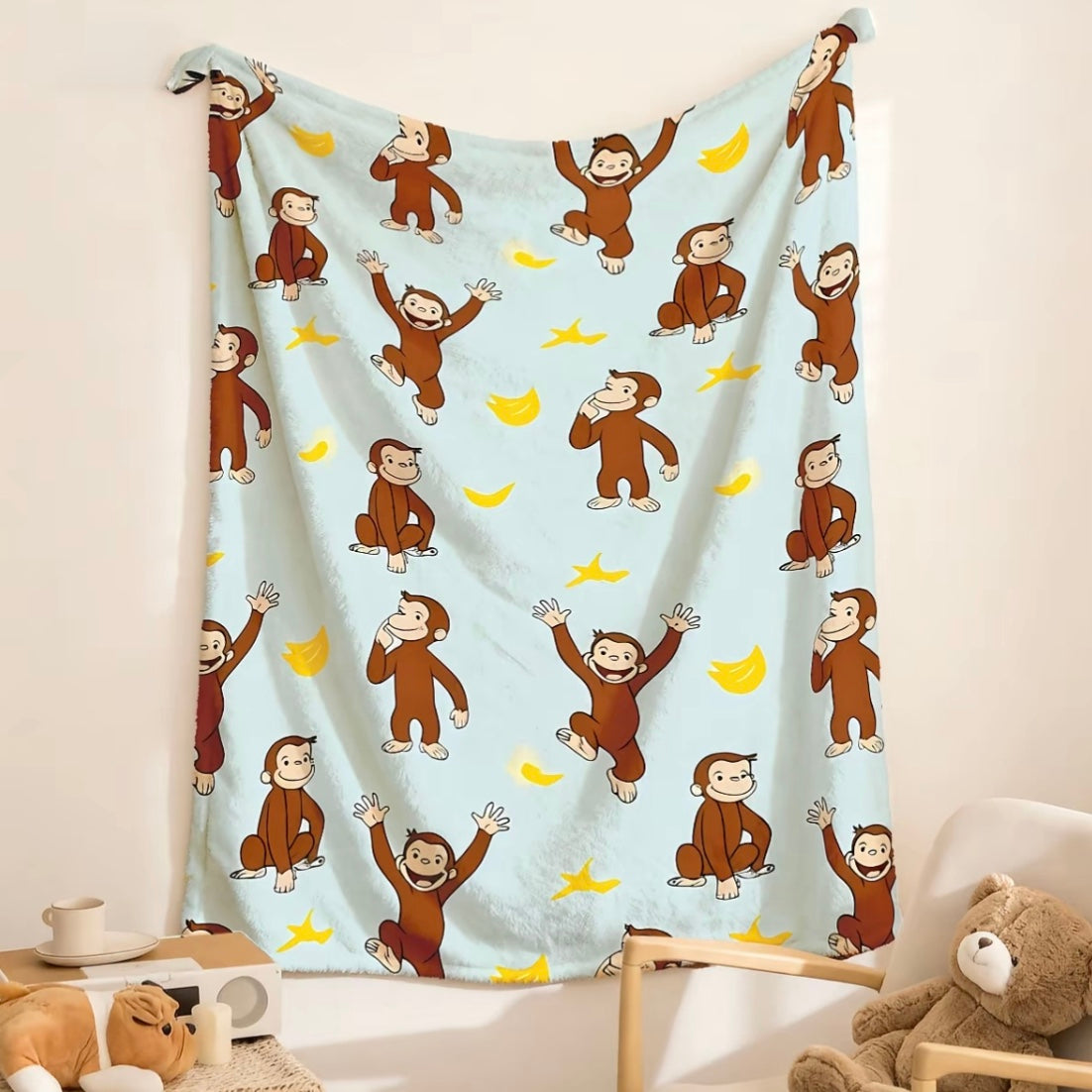 Curious George Printed Scenes Fleece Pattern Flannel Blanket