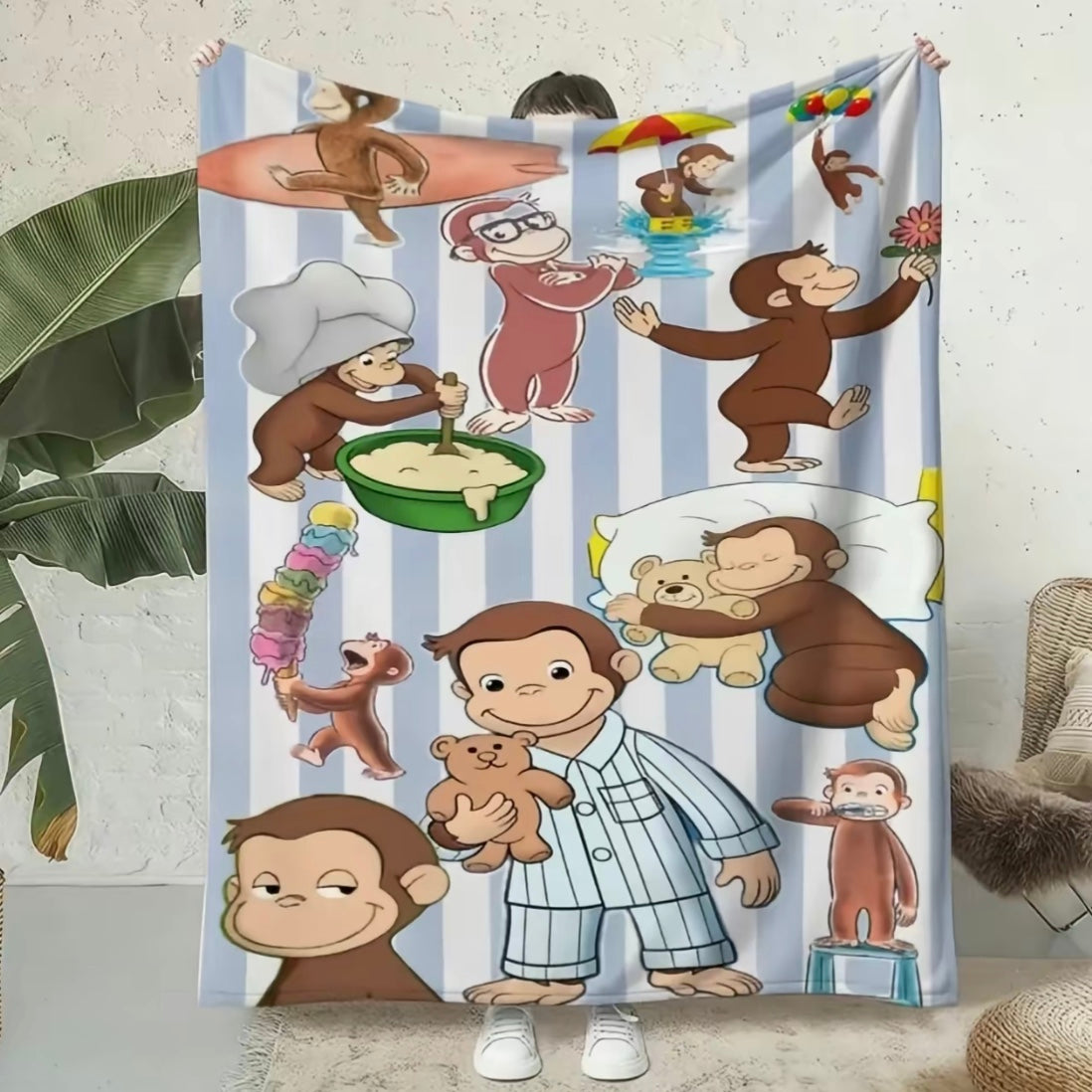 Curious George Printed Scenes Fleece Pattern Flannel Blanket
