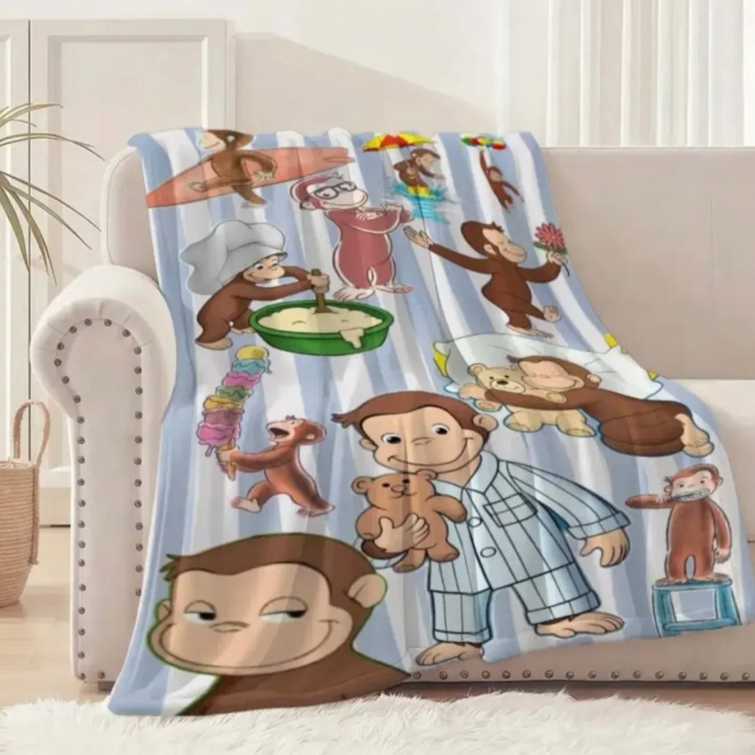 Curious George Printed Scenes Fleece Pattern Flannel Blanket