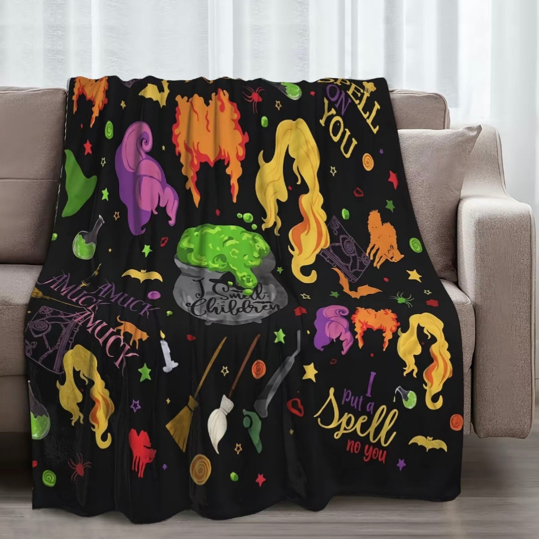 Halloween Witch Cauldron Pattern Flannel Blanket
