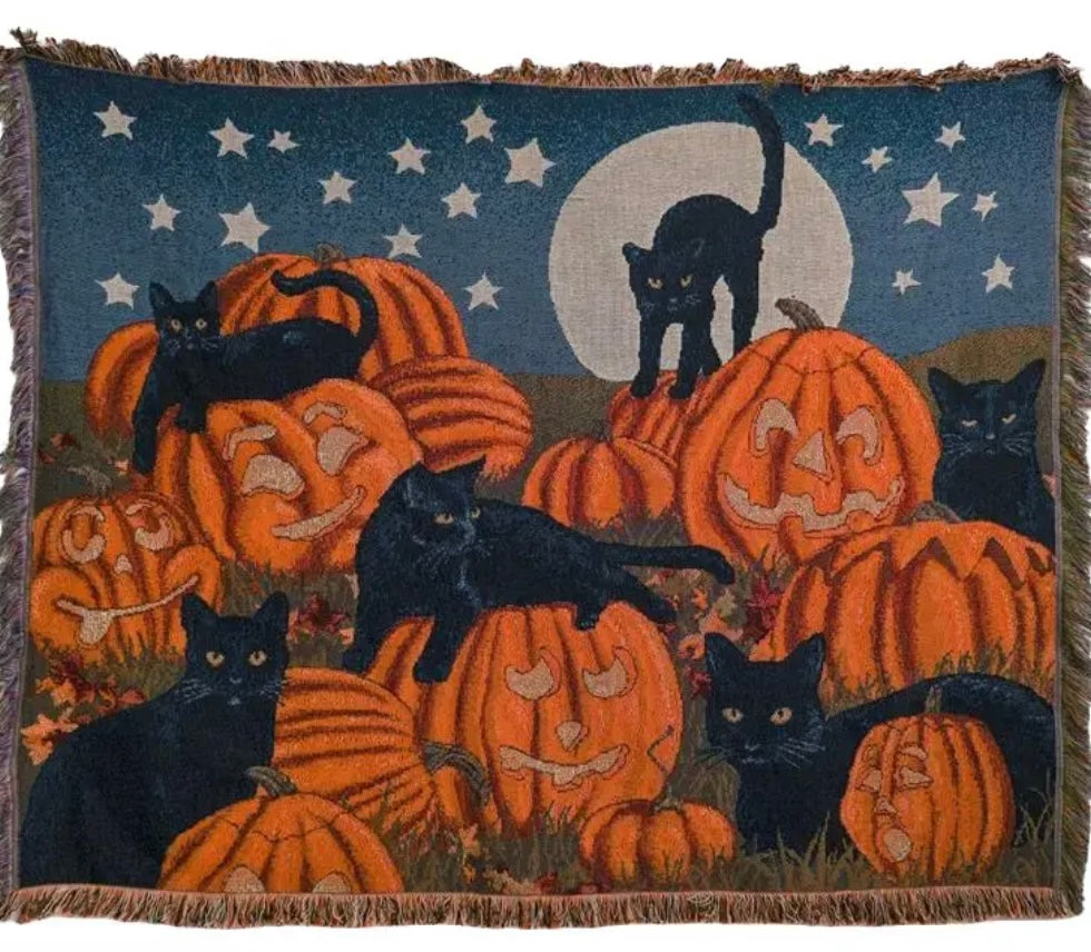 Halloween Home Decor Pumpkin Black Cat Pattern Flannel Blanket