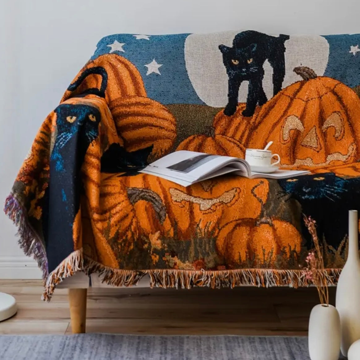 Halloween Home Decor Pumpkin Black Cat Pattern Flannel Blanket