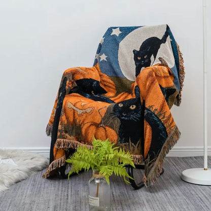 Halloween Home Decor Pumpkin Black Cat Pattern Flannel Blanket