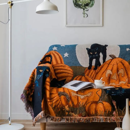 Halloween Home Decor Pumpkin Black Cat Pattern Flannel Blanket