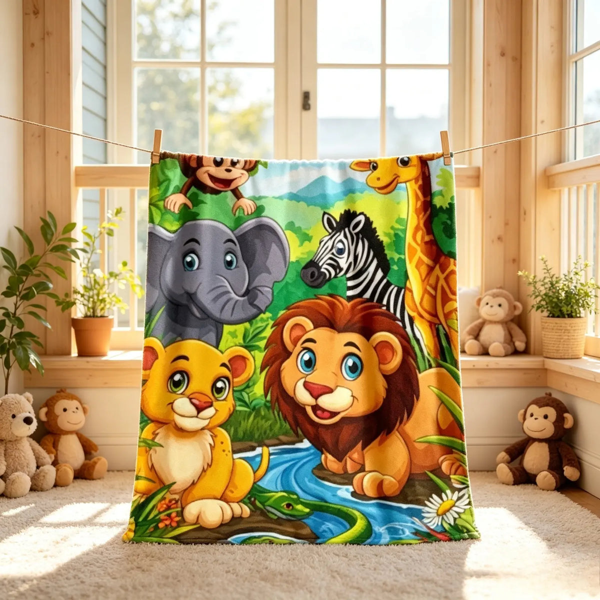 Jungle Safari Animals Flannel Throw Blanket Cute Lion Giraffe Elephant Monkey Print Soft Cozy Fleece Blanket