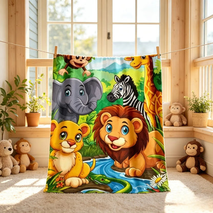 Jungle Safari Animals Flannel Throw Blanket Cute Lion Giraffe Elephant Monkey Print Soft Cozy Fleece Blanket