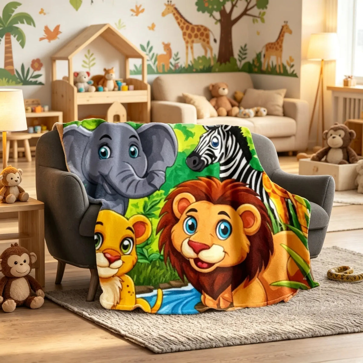Jungle Safari Animals Flannel Throw Blanket Cute Lion Giraffe Elephant Monkey Print Soft Cozy Fleece Blanket