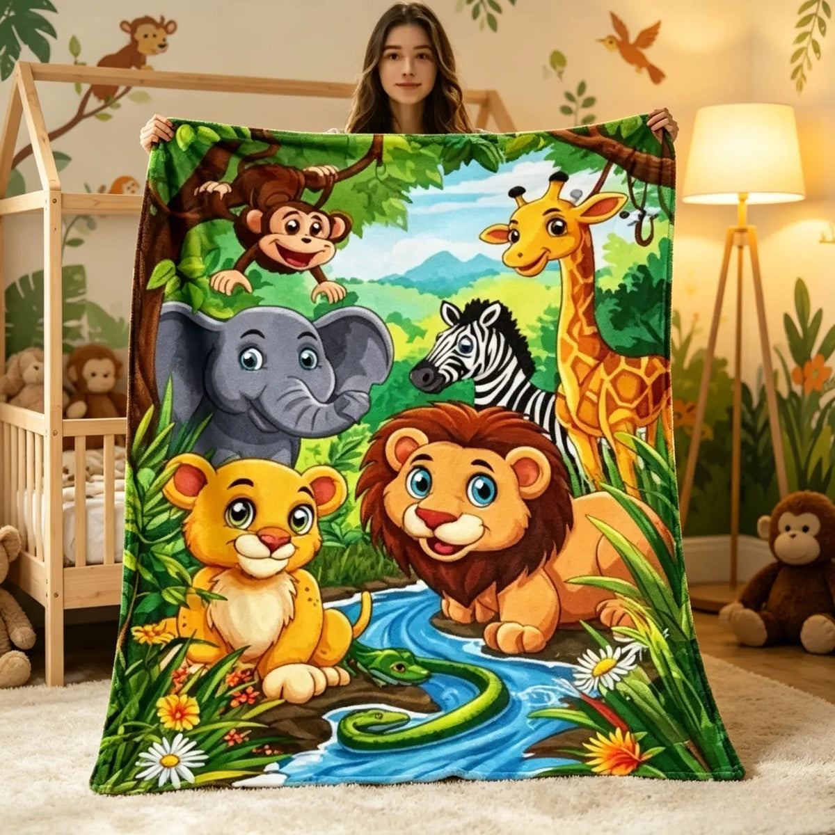 Jungle Safari Animals Flannel Throw Blanket Cute Lion Giraffe Elephant Monkey Print Soft Cozy Fleece Blanket