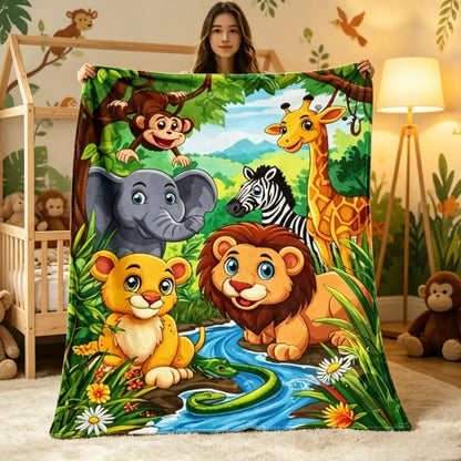 Jungle Safari Animals Flannel Throw Blanket Cute Lion Giraffe Elephant Monkey Print Soft Cozy Fleece Blanket