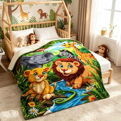 Jungle Safari Animals Flannel Throw Blanket Cute Lion Giraffe Elephant Monkey Print Soft Cozy Fleece Blanket